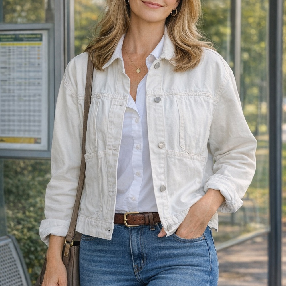 Pull&Bear WRANGLER Off-White & Cream Cropped Denim Jacket